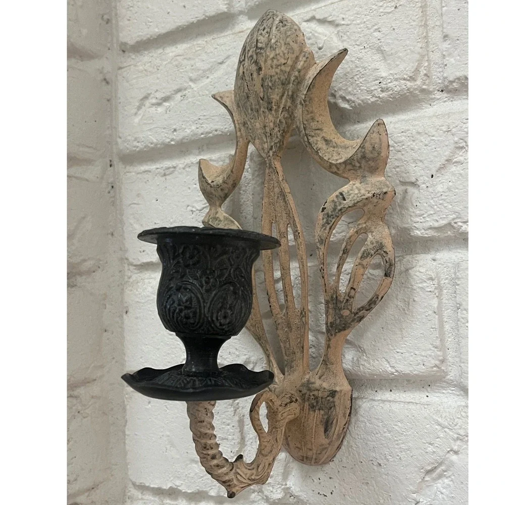 Vintage Shabby Chic Cast Iron Sconces Pair French Country Wall‎ Candle Holders